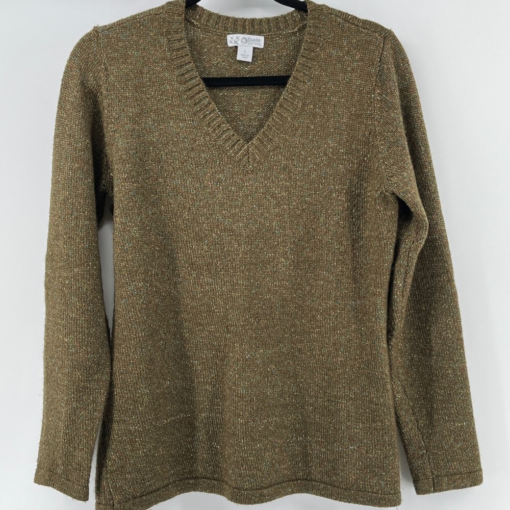 Guide Series. V-Neck Sweater, Womens, L, Olive Green, Wool Blend Marl Knit